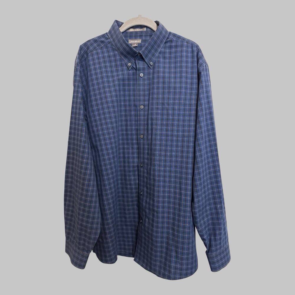 Eddie Bauer Wrinkle Free Relaxed Men's Blue Plaid Long Sleeve Logo Shirt Size XL